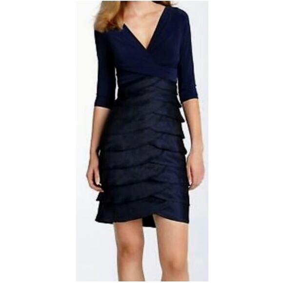 Adrianna Papell Navy Blue Matte Jersey & Hammered Satin Sheath Dress 6 S Small - Picture 1 of 11